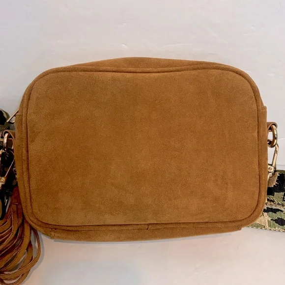 Ah-dorned Tan Faux Suede Leather Zip Top Crossbody Leopard Guitar Strap Bag - Picture 6 of 10